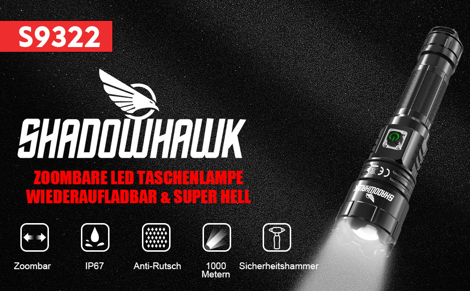 Ліхтарик LED Shadowhawk: надпотужний, 1000000 люмен, USB-зарядка, XHP70.2, тактичний, IP67, 5 режимів, Zoom, для кемпінгу, походів, надзвичайних ситуацій, чорний