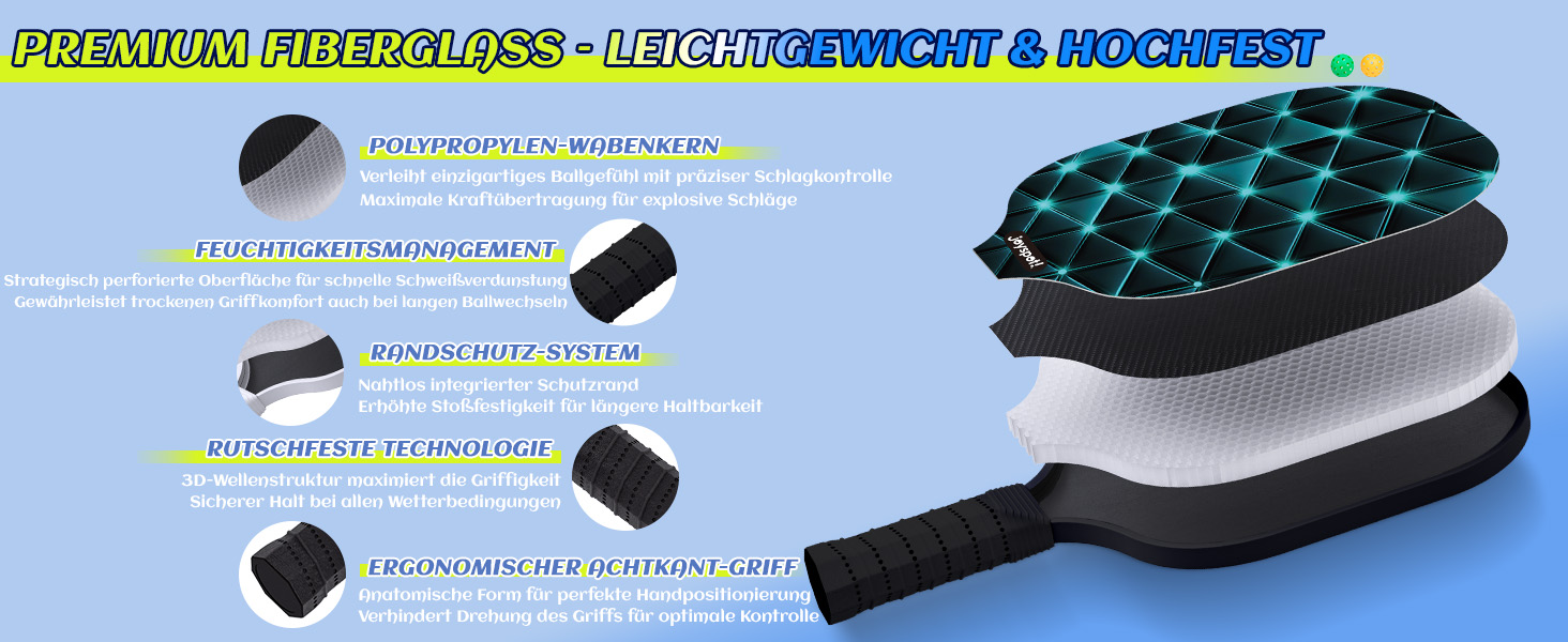 Набір для піклболу JOY SPOT 2 шт. з 4 м'ячами та сумкою – легкі ракетки з фібергласовою поверхнею для чоловіків, жінок та початківців – ідеально для гри в приміщенні та на вулиці