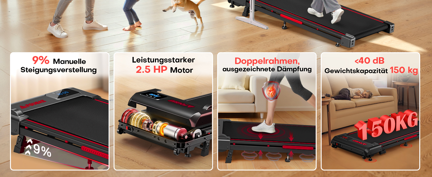 Бігова доріжка Walking Pad для дому з нахилом 9%, швидкість 1-10 км/год, потужність 2.5HP, LED-дисплеєм, дистанційним керуванням та 12 програмами, амортизація, до 150 кг, чорно-червона