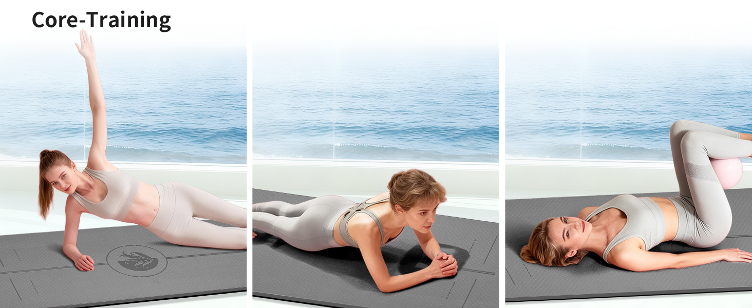 Протиковзкий килимок для йоги та пілатеса з еко-каучуку та TPE, 6мм, сірий — з лініями розмітки та ременем для перенесення