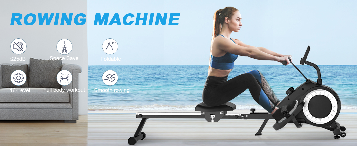 Гребний тренажер Neezee - складаний для дому з LCD-монітором, 16 рівнів магнітного опору, тренування всього тіла, тихий, компактний, покращене махове колесо, темно-сірий