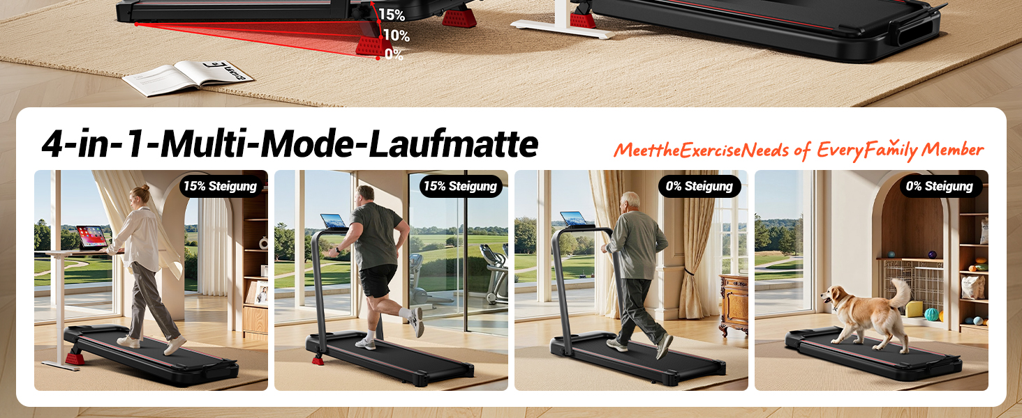 Біговий тренажер CURSOR 4-в-1 для дому, складаний, з нахилом 15%, Walking Pad з нахилом та потрійною амортизацією, дистанційним керуванням, максимальне навантаження 136 кг, нахил 9%