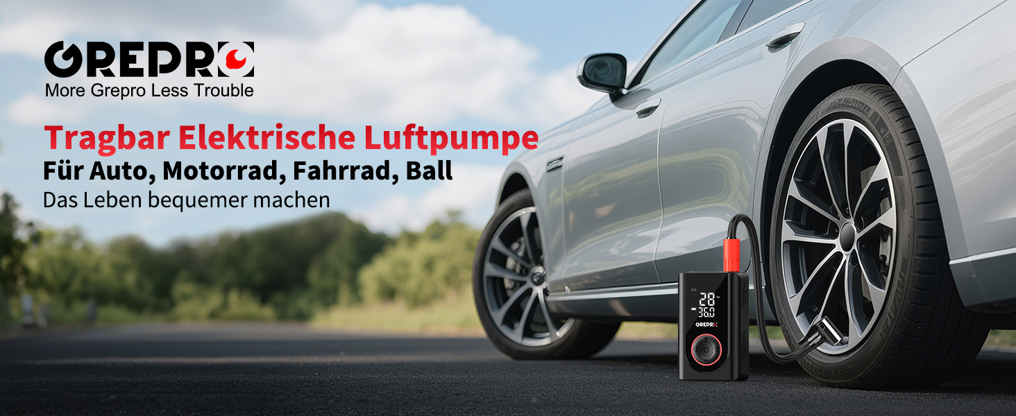 Електричний компресор GREPRO для авто, мото, велосипеда та м'ячів, 150 PSI, акумулятор 5000mAh, LED-ліхтар, цифровий манометр