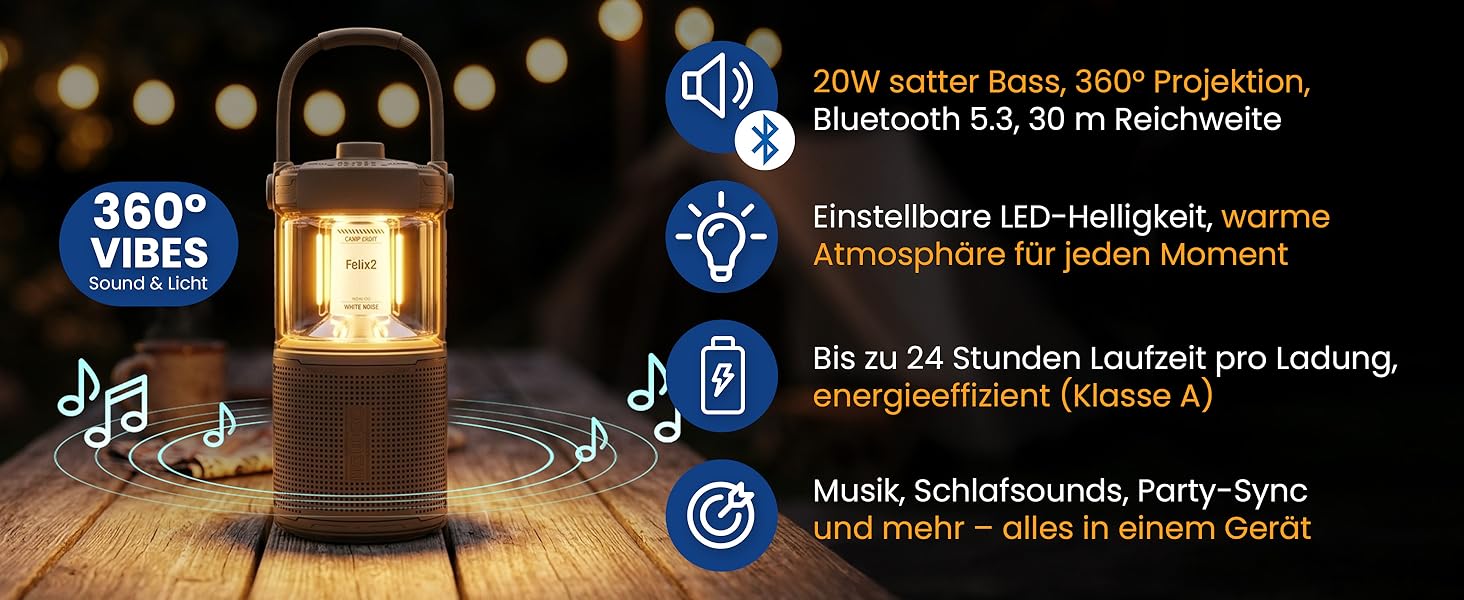 Ліхтар кемпінговий LED Felix 2 з Bluetooth колонкою, акумуляторний, водонепроникний IPX7, 360° освітлення, 20W звук, 24 год роботи, USB, чорний