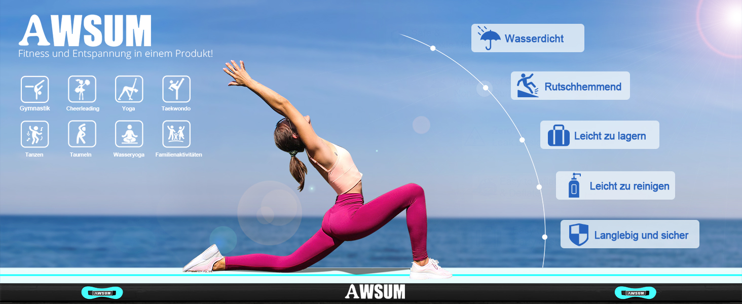 AWSUM Надувний гімнастичний мат, 2/3/4/5/6м, 10/20см, для йоги, фітнесу, дому, на вулицю, з насосом, Mint Green/Black