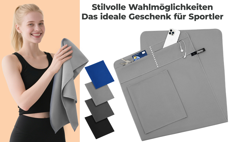 Рушник для фітнесу Zepphi: 120x50 см + 80x30 см | Мікрофібра, кишеня на блискавці | Швидковисихаючий, для спортзалу та тренувань