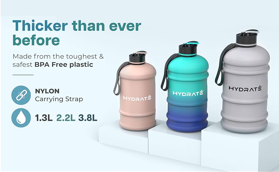 Фляга для води Hydrate XL 2,2 л - чорна, для спортзалу, спорту та подорожей, без BPA, міцна, 2200 мл