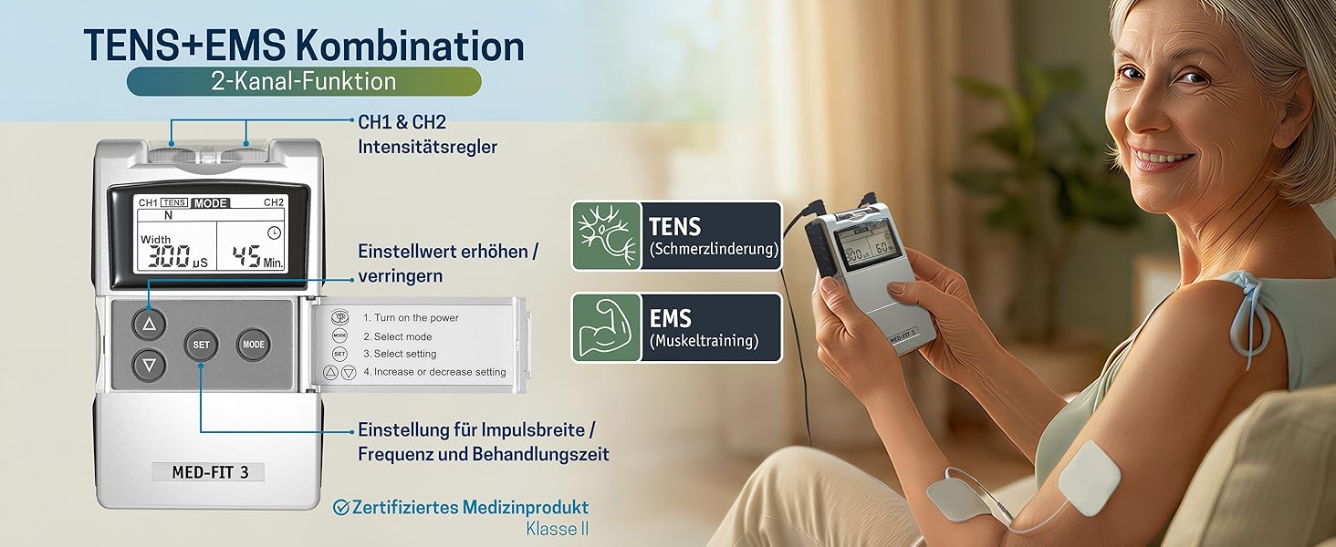 Med-Fit 3 TENS + EMS Апарат для електростимуляції м'язів та знеболення (2 канали) - медичний прилад IIa класу для лікування болю в спині, ішіасу, артрозу, шиї, плечей та нарощування м'язів
