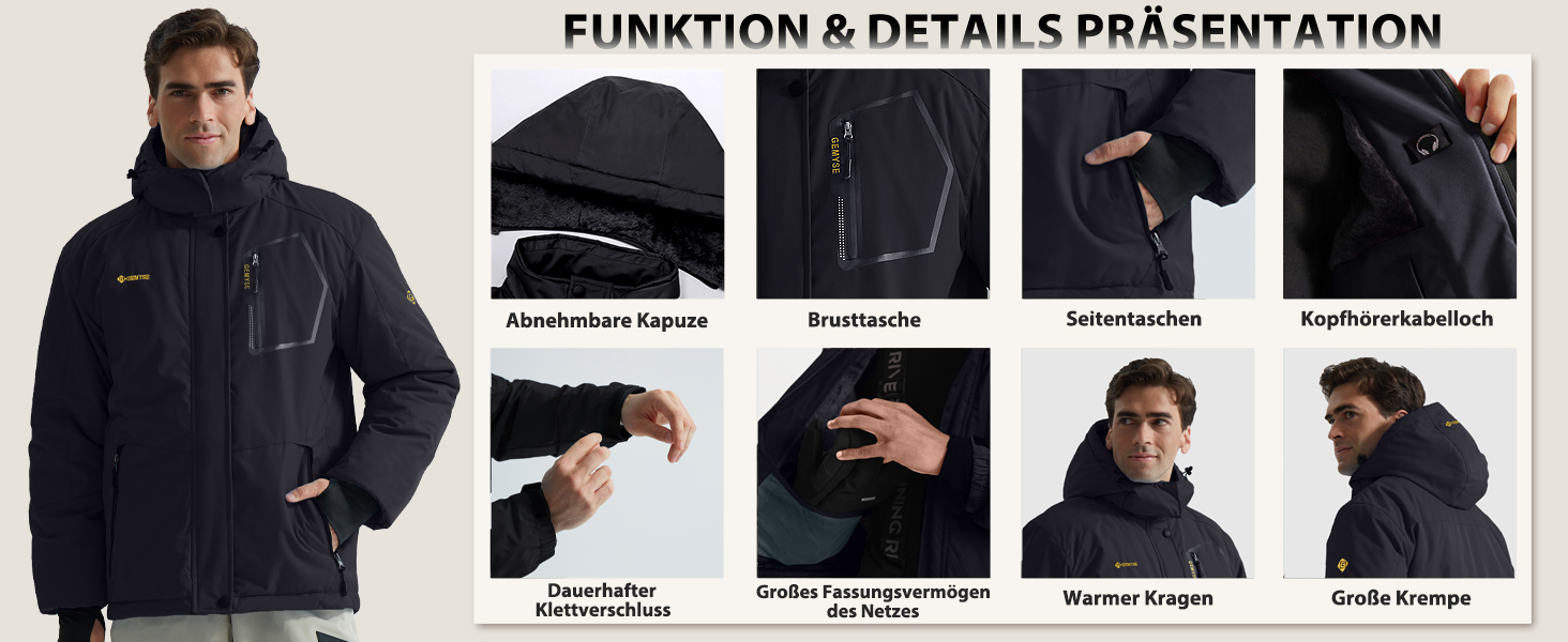 Чоловіча водонепроникна лижна куртка GEMYSE з флісовою підкладкою, чорна