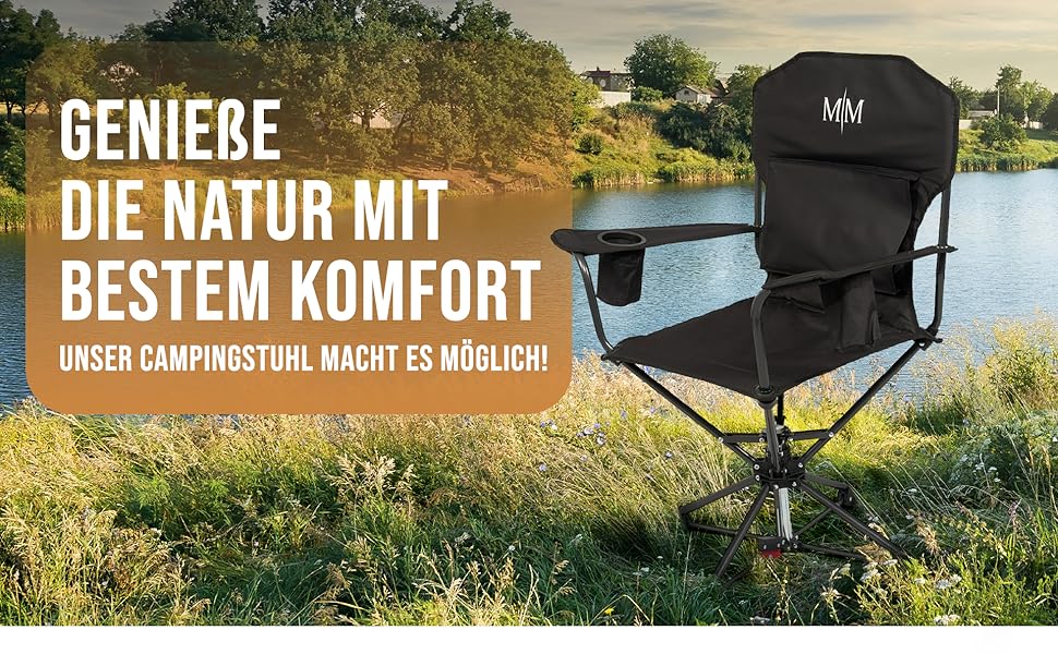 Складний туристичний стілець McMAISE® XL чорного кольору, до 150 кг, з кишенею для грілки, 360° обертання