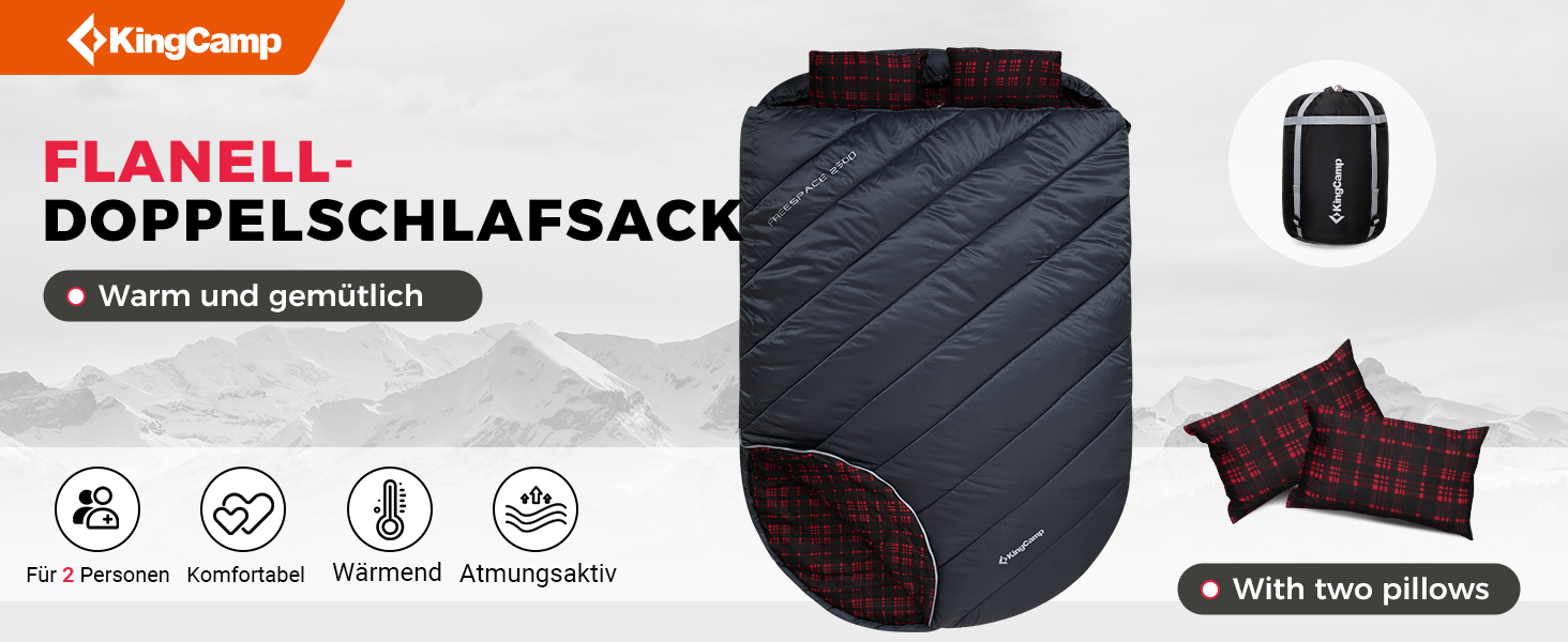 Сплячий мішок KingCamp для 2 осіб з фланелі, зимовий, 3-4 сезони, з подушками, для кемпінгу та відпочинку на природі (сірий)