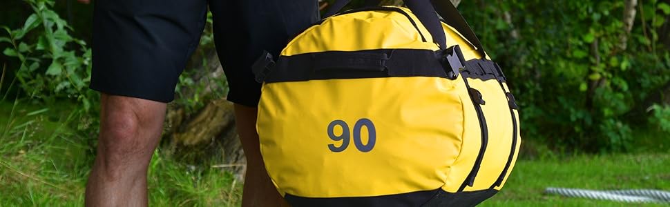 Водонепроникна сумка для подорожей та рюкзак STEIN Metro 90 л, ПВХ-тент, з компресійними ременями та м'якими плечовими ременями, жовтий