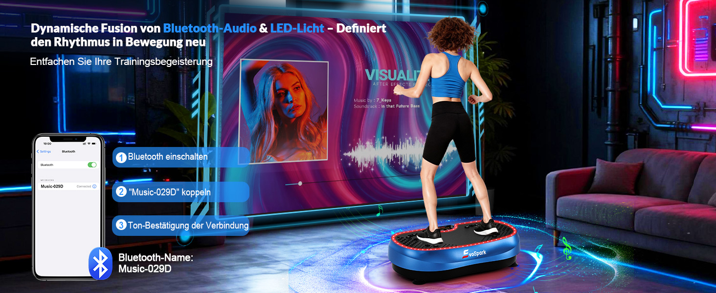 Вібраційна платформа для дому: 6+1 режимів тренувань, 199 швидкостей, 200W двигун, LED-підсвітка (темно-синій)