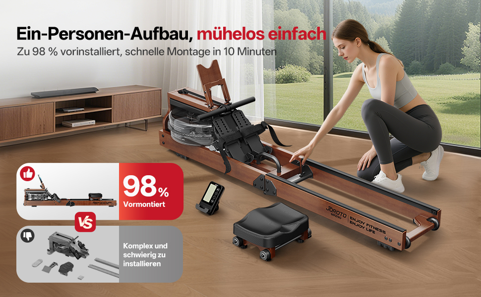 Гребний тренажер JOROTO для дому, дерев'яний, складаний | Bluetooth, сумісність з Kinomap | Макс. вага 150 кг, 16 л резервуар для води