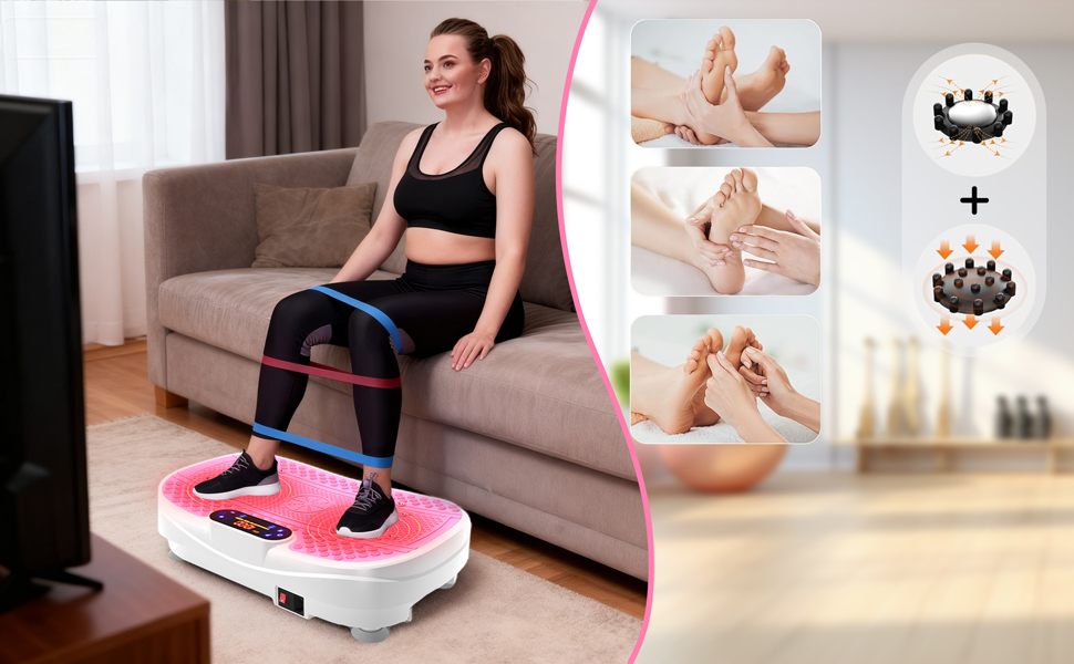 Вібраційна платформа для дому - ротаційна платформа з 120 рівнями та 5 режимами, з еластичними стрічками та пультом дистанційного керування, для спалювання жиру, нарощування м'язів та формування фігури, ідеальна для дому, домашнього спортзалу (Рожева)