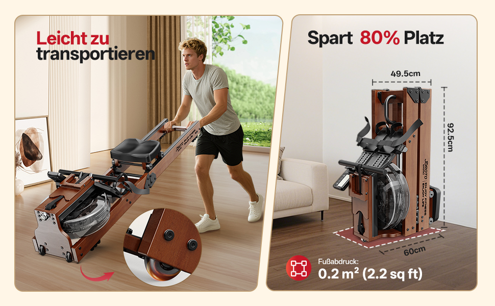 Гребний тренажер JOROTO для дому, дерев'яний, складаний | Bluetooth, сумісність з Kinomap | Макс. вага 150 кг, 16 л резервуар для води