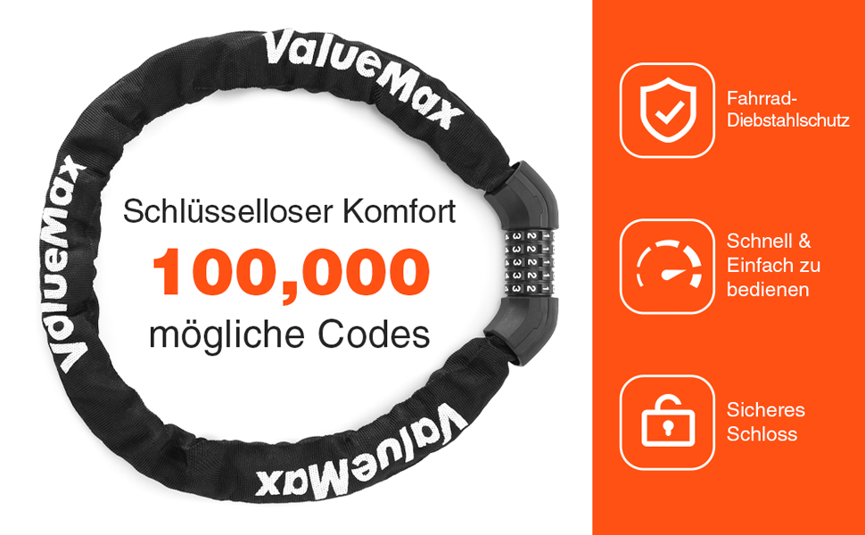 Замок для велосипеда ValueMax з кодовим замком, 100 см, 5-значний код, сталевий ланцюг 8 мм, чорний/білий