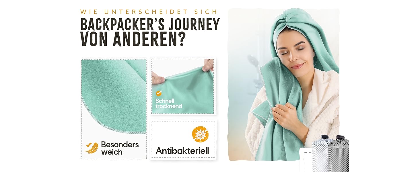 Рушники для туризму Backpacker's Journey з мікрофібри (S, M, L, XL). Набір туристичних рушників: легкі, швидковисихаючі, вбираючі та антибактеріальні. SET: XL & L з 2 кишенями, колір - бірюзовий