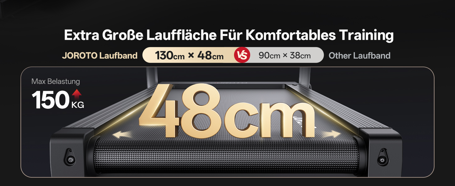Біговий тренажер JOROTO для дому, складаний, 2.5PS, нахил 1-10%, LED дисплей, 15 програм, 1-16 км/год, велика площа бігової доріжки 130×48 см, Bluetooth, Kinomap, вантажопідйомність 150 кг, чорний