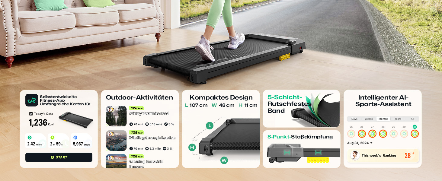 UREVO Smart Walking Pad: компактний біговий килимок під стіл з двома амортизаторами, додаток для фітнесу з відстеженням та режимом MIIT, керування пультом або додатком, чорний