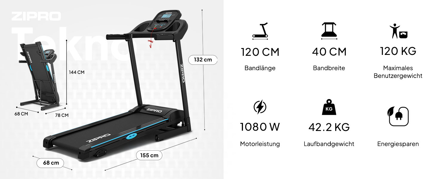 Біговий тренажер Zipro Tekno з нахилом, до 14 км/год, LCD дисплей, для дому, до 120 кг, двигун 1.5-2.5 PS