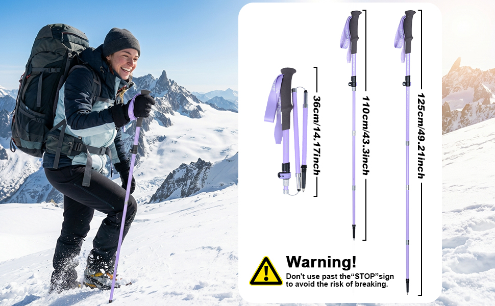 Телескопічна палиця для скандинавської ходьби Qoosea для жінок, вуглецеве волокно, складана трекінгова палиця 110-125 см з гумовим наконечником та сумкою (фіолетова)