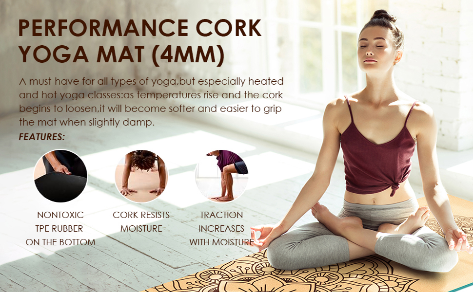 Килимок для йоги з корку – антиковзаючий, з унікальним дизайном мандали, з натурального каучуку TPE, для дому, фітнесу, пілатесу, аеробіки, з сумкою та ремінцем, блакитний