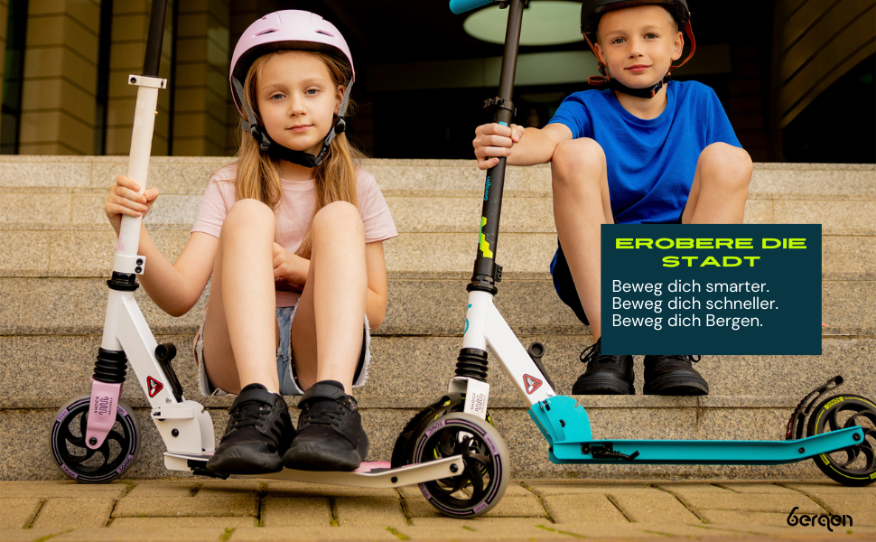 Самокат міський Bergen City Scooter Sonic - алюмінієвий, складаний, колеса PU 145мм, амортизатор, гальмо заднє, регулювання висоти, для дітей від 5 років, легкий, наклейка на деку (білий, чорний, рожевий)