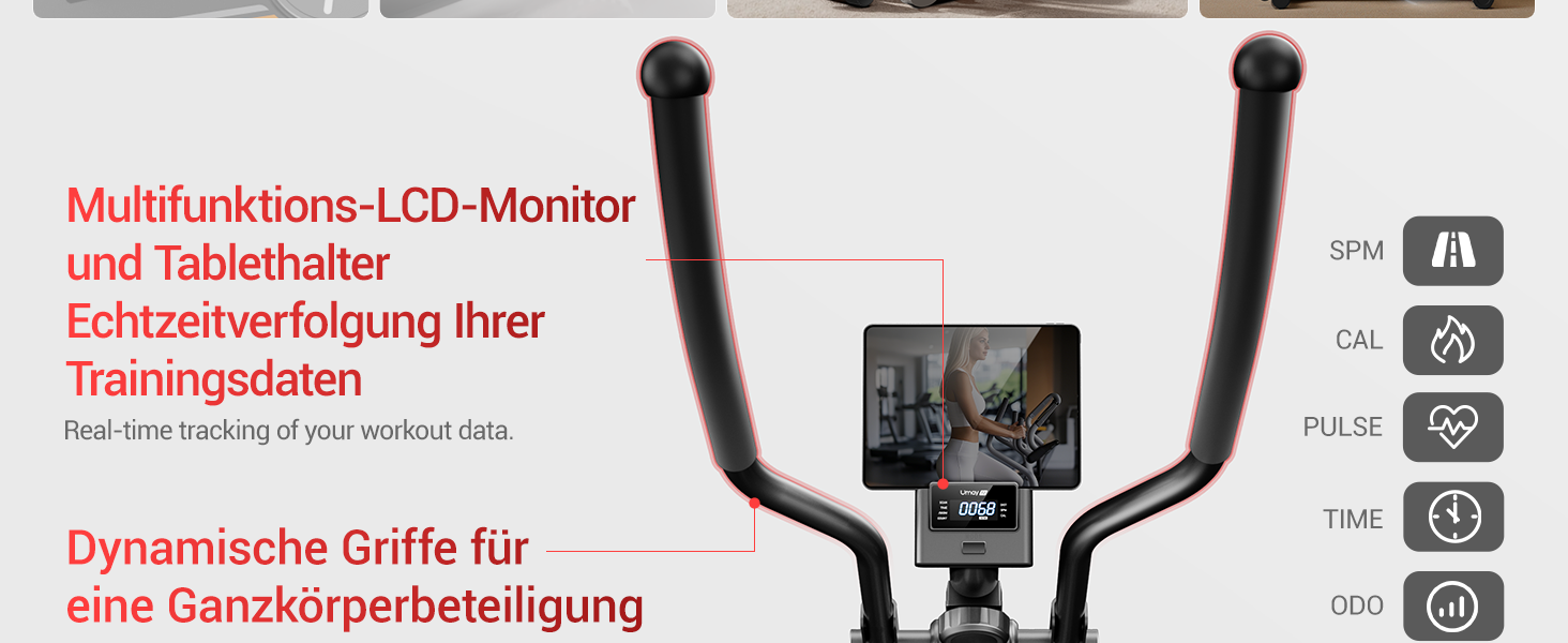 UMAY Еліптичний тренажер для дому ET30: 16 рівнів опору, тихий магнітний привід, довжина кроку 40 см, датчики пульсу, LCD-дисплей, вантажопідйомність 159 кг