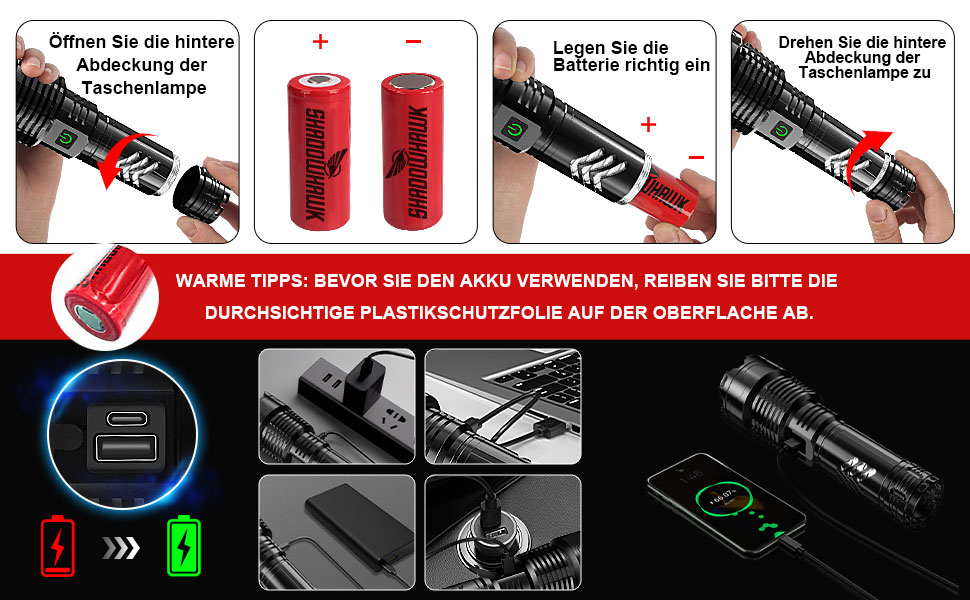 Ліхтар LED Shadowhawk XHP160.2 550000 Lumen, тактичний, USB, IP67, водонепроникний, для кемпінгу та активного відпочинку
