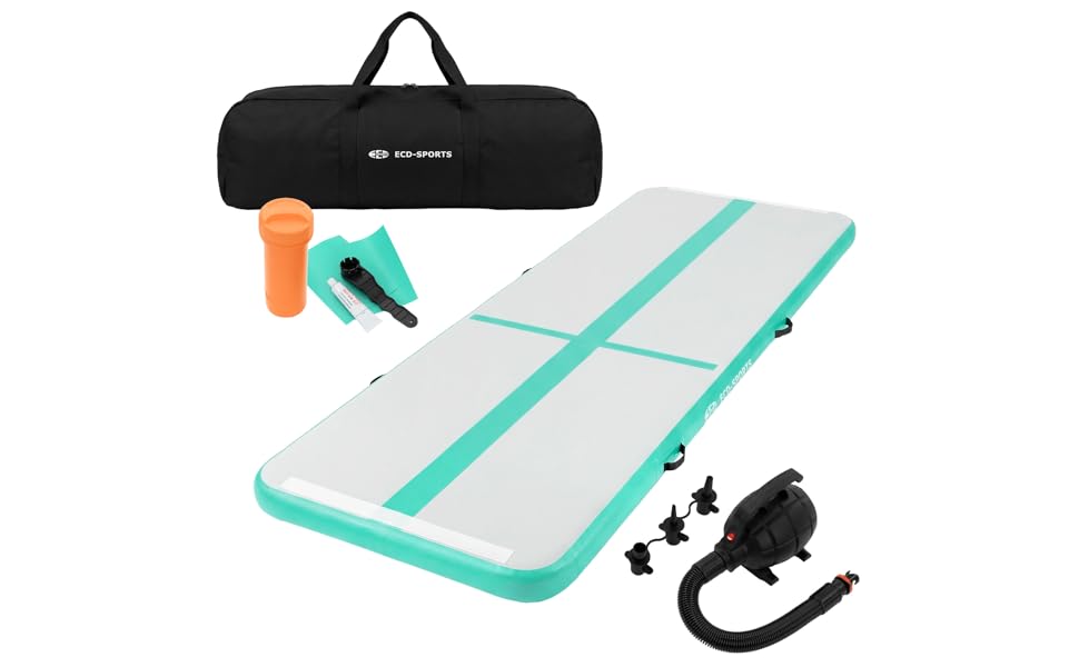 Надувний гімнастичний мат Airtrack ECD Germany для тамблінгу та фітнесу, 300 x 100 x 10 см, м'ятно-зелений (з електричним насосом та сумкою)