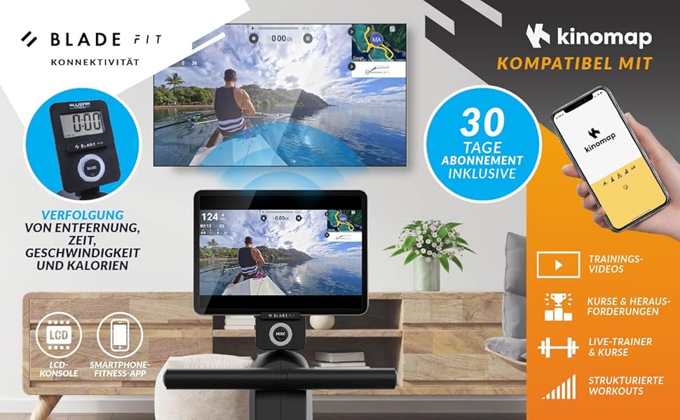 Bluefin Fitness Blade FIT: Гребний тренажер, сумісний з Kinomap, складаний, з LCD-консолью та мобільним додатком