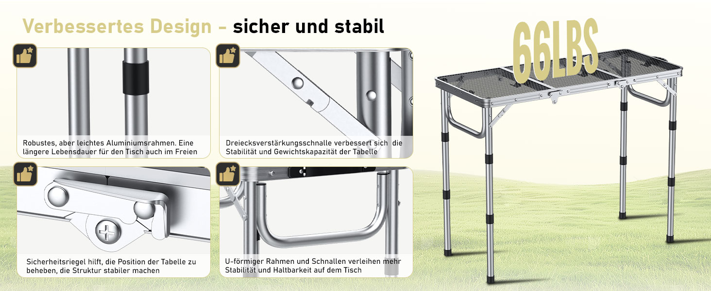 Стіл для кемпінгу Anbte Grilltisch 58x40 см, алюмінієвий каркас, регульована висота (26/48/70 см), складаний, для пікніка, BBQ, саду, балкону (срібний)