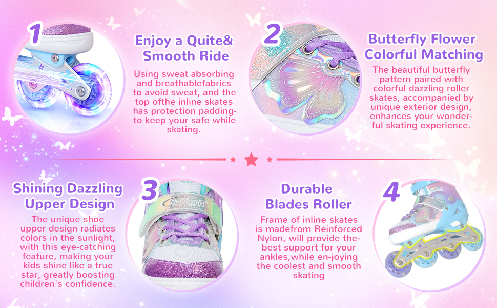 Дитячі ролики Nattork для дівчаток, регульовані, розмір 27-31 EU, рожеві, з бабочками