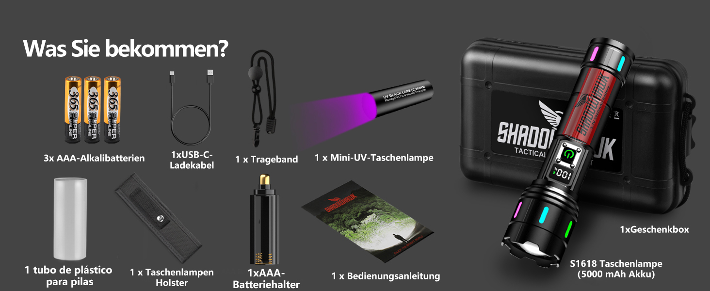 Ліхтарик тактичний Shadowhawk LED 500000 люмен, USB-C/A, 12 год, IP67, Zoom, LCD-дисплей, 5 режимів, чорний