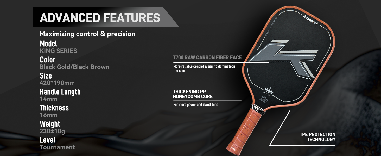 Паддл для піклболу Kawasaki T700 Premium Carbon Fiber (CFS) - серія King, схвалено USAPA, 16 мм, для змагань, з чохлом та ручкою, чорний/червоний