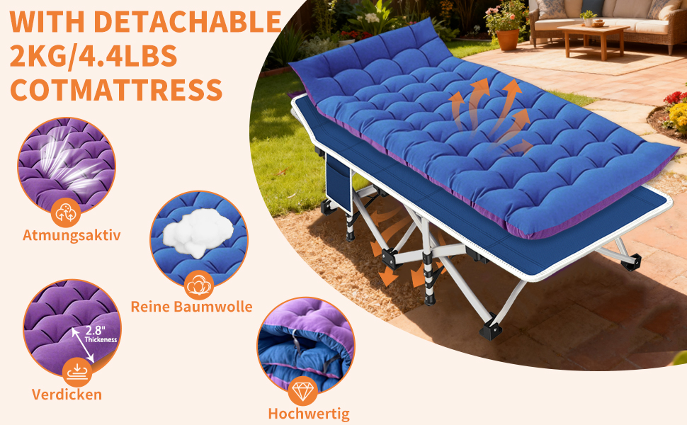 Кемпінгове ліжко з матрацом, розкладне, для відпочинку на природі та вдома, 200 кг, блакитне