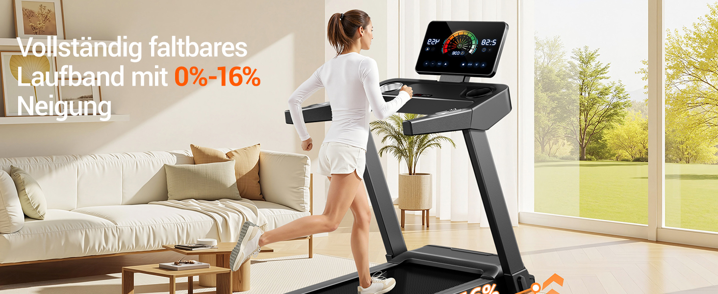 Бігова доріжка для дому LONTEK: складана, з нахилом 16%, швидкість до 14 км/год, мотор 3.5 к.с., пульсометр, LED-дисплей, макс. навантаження 180 кг, чорна