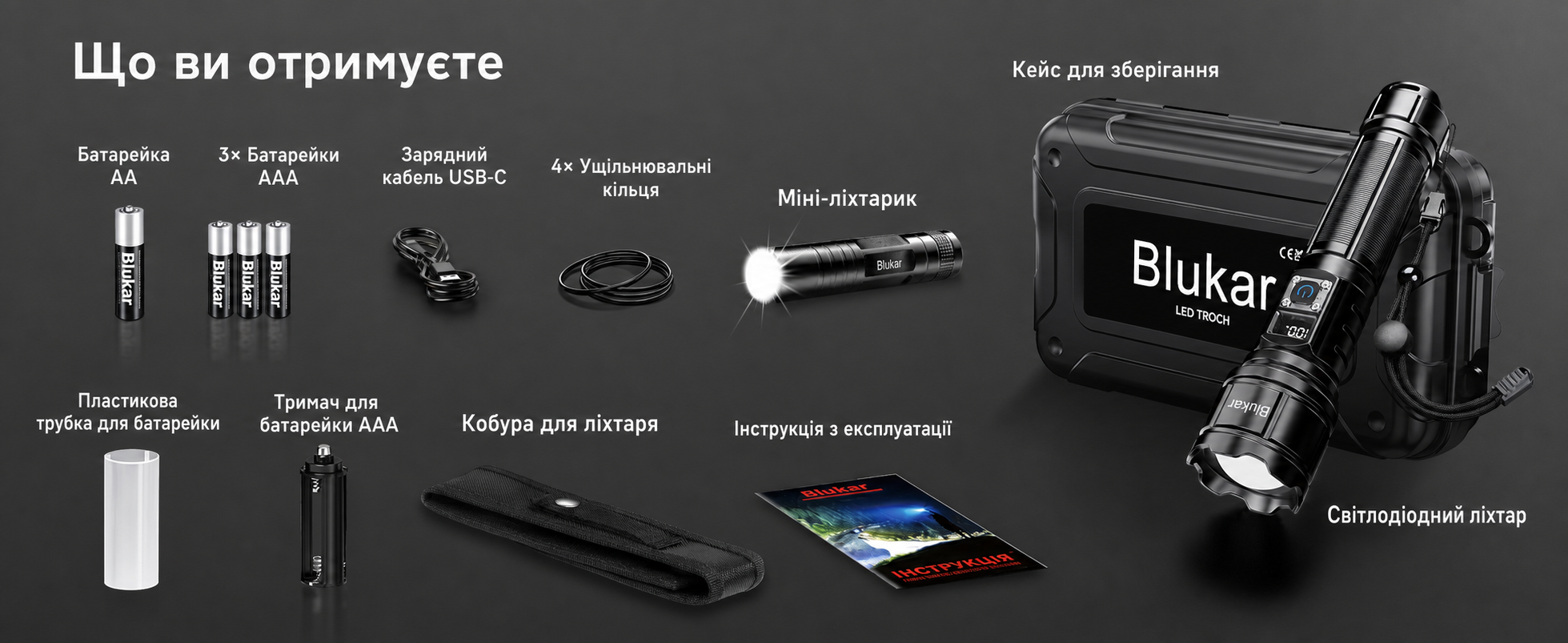 Тактичний LED-ліхтар Blukar, 500 000 люмен, IP67, 5 режимів, водонепроникний, для кемпінгу та активного відпочинку