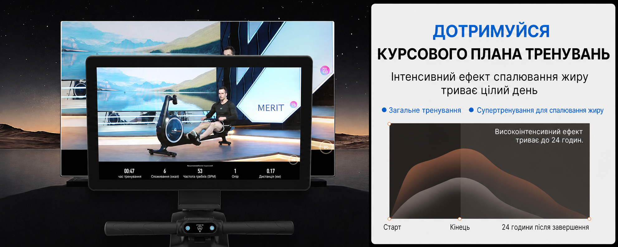 Гребний тренажер MERACH R7 для дому з магнітним навантаженням 60 кг, LED-дисплеєм 21.5