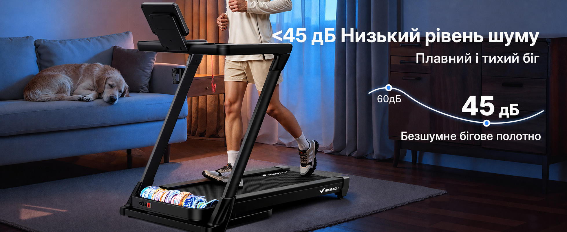 Бігова доріжка MERACH T31 для дому, автоматичний нахил 18%, швидкість 1-14 км/год, складана, мотор 3.5 к.с., витримує до 159 кг, керування через додаток, чорна (46x140 см)