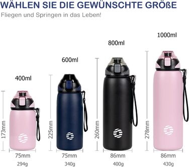 Пляшка для води FJbottle з нержавіючої сталі 1 л, 800 мл, 600 мл, 400 мл Дитяча герметична пляшка для води без бісфенолу А Термос Пляшка спортивна, газована Відповідний термос для універу, школи, фітнесу, вулиці, велосипеда (темно-синій, 600 мл)