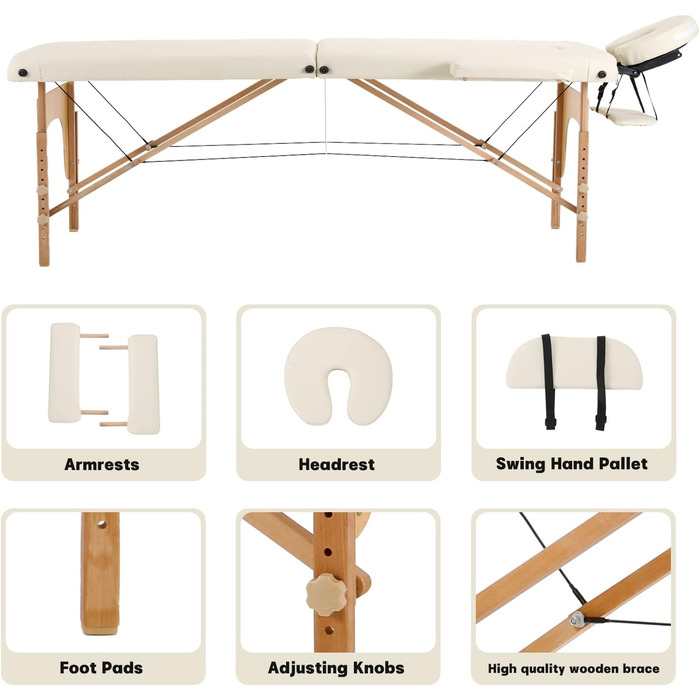 Зонний масажний стіл Panana Портативна масажна лава Регульований по висоті масажний стіл з підголівником і знімними дерев'яними підлокітниками (бежевий), 2-
