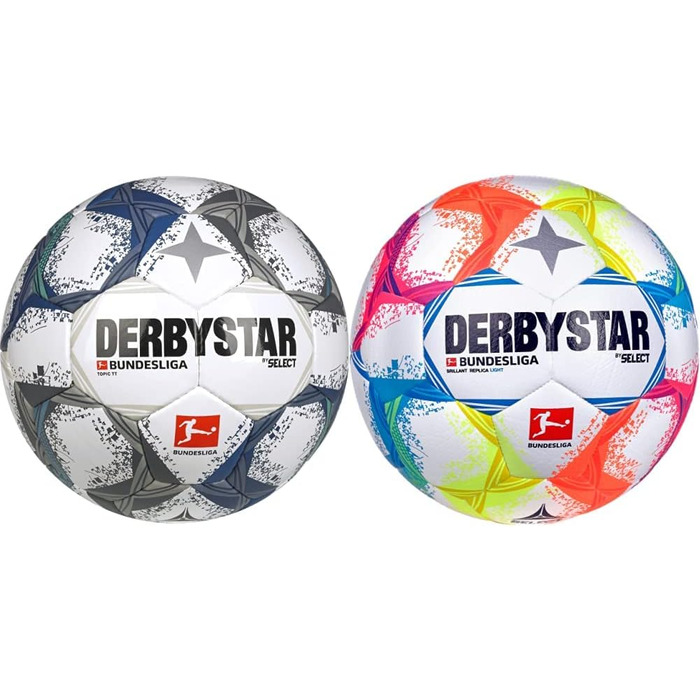 Футбольні м'ячі Derbystar Bundesliga Topic TT v22 і Brillant Replica Ligth розмір 5 сіро-синій і різнокольоровий