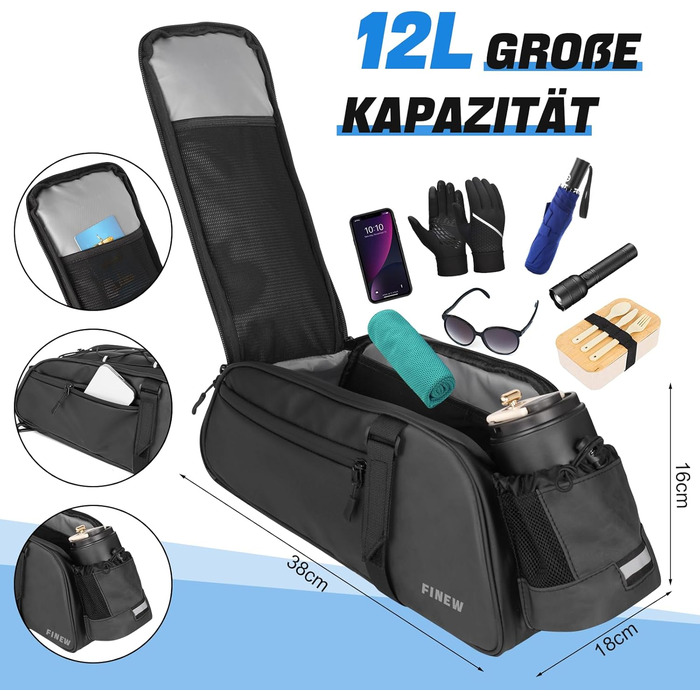 Велосипедна сумка FINEW 2в1 для багажника, 12 л, водонепроникна PU, рюкзак, з відбивачами і чохлом від дощу