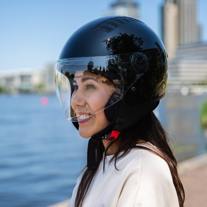 Мотоциклетний шолом Como Jet з візором, сертифікат ECE 22.06, для скутера, мопеда, Vespa, чорний, розмір XL (60-61 см), унісекс