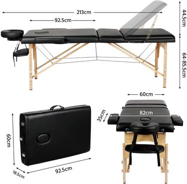 Зонний масажний стіл Yaheetech Портативна масажна лава з регульованим по висоті масажним столом з підголівником і знімними підлокітниками для фізіотерапії, (чорний), 3-