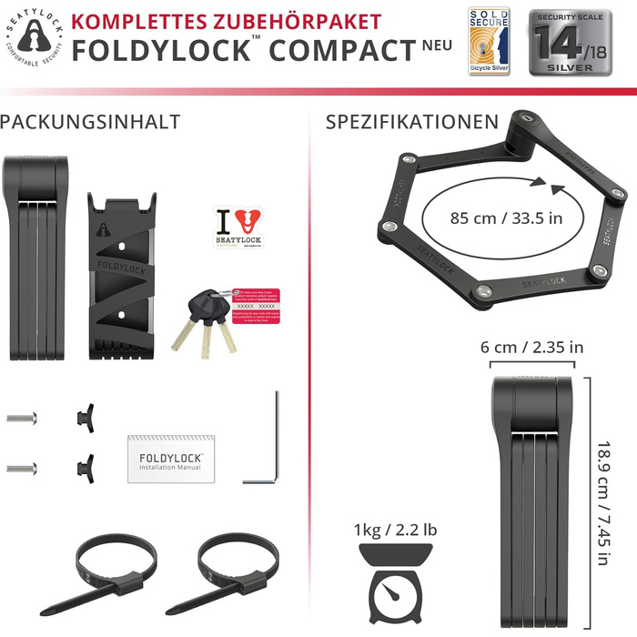 Складаний велосипедний замок FoldyLock Compact 85 см з ключем та кріпленням – високий рівень безпеки для електровелосипеда, самоката та ролика