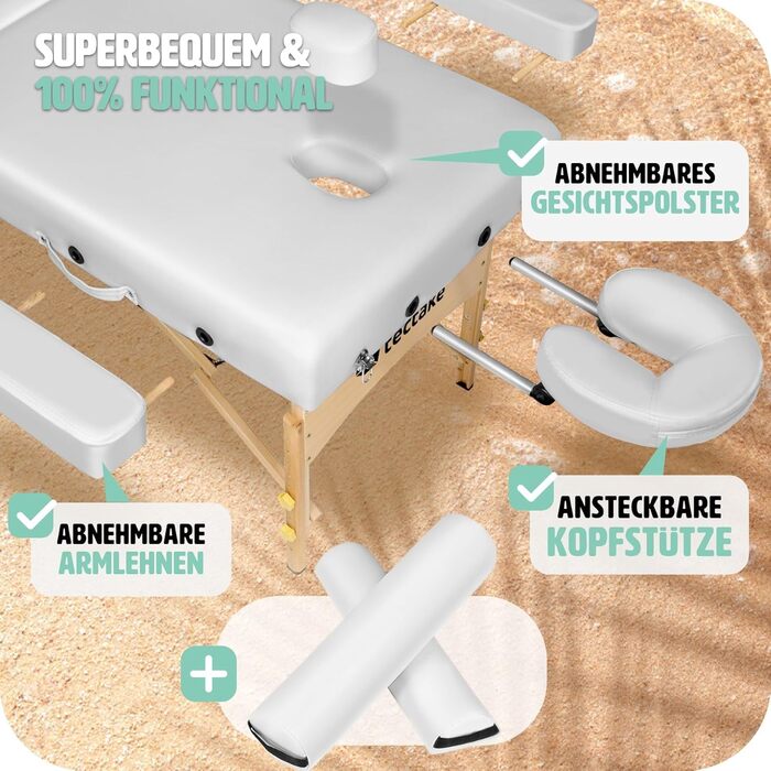 Масажний стіл Tectake 2 зони, масажний стіл складний, масажний стіл з підкладкою 7,5 см, мобільний масажний стіл, голова та підлокітник, масажна лавка з дерев'яними ніжками, 2 ролики для зберігання, сумка для перенесення - (Біла)