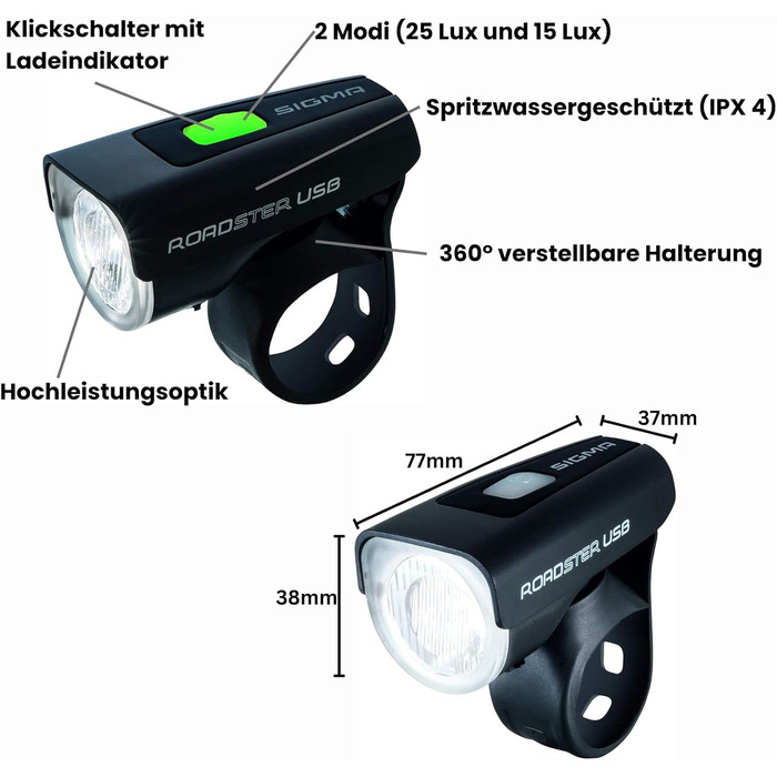 Комплект велосипедних ліхтарів Sigma Sport ROADSTER USB / NUGGET II, 25 люкс, акумуляторні, передня та задня LED фара, StVZO, чорний